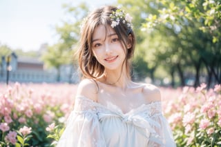 Best quality, masterpiece, ultra high res, (photorealistic:1.4), raw photo, 1girl, white dress, off shoulder, blossom flower field, glowing skin, light smile