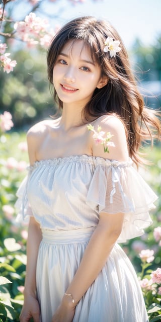 Best quality, masterpiece, ultra high res, (photorealistic:1.4), raw photo, 1girl, white dress, off shoulder, blossom flower field, glowing skin, light smile