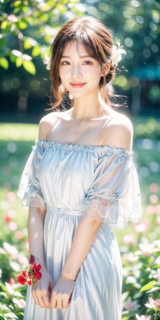 Best quality, masterpiece, ultra high res, (photorealistic:1.4), raw photo, 1girl, white dress, off shoulder, blossom flower field, glowing skin, light smile