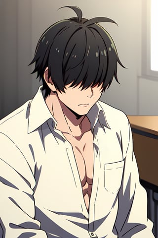 Perfectionist anime-style portrait of a 1boy, (Classroom background), soft pastel style, ((Blurred background ++)),School boy, bored expression, ((somewhat unbuttoned shirt)), (slightly exposed chest hair and perfect muscles), perfect Bara, black_hair, Overgrown short super messy fluffy hair, (((Big cowlick hair peice +++))), ((attractive beige skin ++)),, ,1boy,Hair over eyes, black hair, medium hair,boy,faceless,no eyes,NikaidoNao, looking_at_viewer, front view,jack dempa style