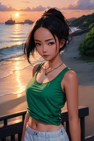 necklace, (((Masterpiece))) , 
,MagenFace, sunset, by the sea, ship, tank_top, portrait