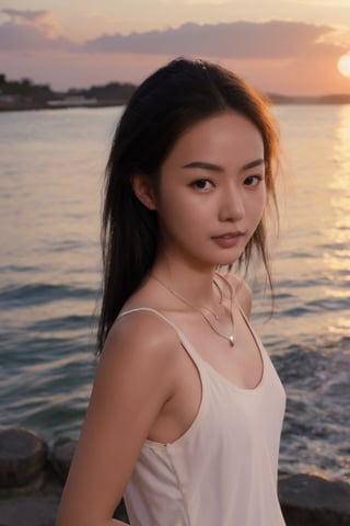 necklace, (((Masterpiece))) , 
,MagenFace, sunset, by the sea, ship, tank_top, portrait,photorealistic