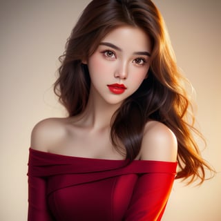 A close-up portrait of a young woman with long, wavy brown hair and striking brown eyes. She wears an elegant, off-the-shoulder red dress, with well-applied makeup emphasizing her eyes and bold red lipstick. She looks directly at the camera with a confident expression. The neutral background keeps the focus on her, with soft lighting enhancing her features.