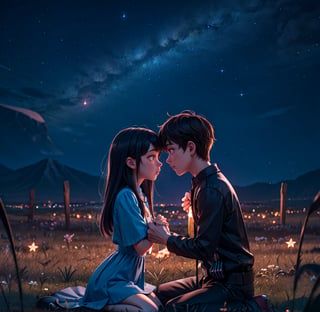 stars in the dark night sky 8k  
A couple embraces and gazes at each other under the starry sky
