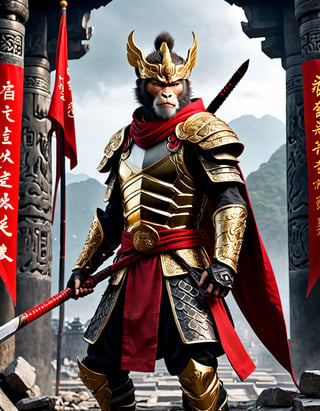  Sun Wukong, the Monkey King, clad in black armor and wielding his Ruyi Jingu Bang (Golden Cudgel), stands before the gate of an ancient city
Background he ancient city behind him is in ruins, with enemy
flags planted on the walls
Playful yet serious expression
Humanoid figure
Expressive facial features
Mystical aura
Iconic headband
Tail
Ancient city
Ultra-fine painting
Black armor
Red cloak
Fierce expression
Indomitable will
Invincible aura
Lonely guardian
Warring States, Three Kingdoms style
Aerial view
Ferocious face
Sharp eyes
Fluttering armor and cloak
Ruined ancient city
Desolate atmosphere
Central figure
Dark sky
Dark, gray, brown tones
3D Realistic Style
Highly detailed
4k, 8k, highres
Realistic, photorealistic, photo-realistic