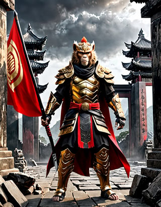  Sun Wukong, the Monkey King, clad in black armor and wielding his Ruyi Jingu Bang (Golden Cudgel), stands before the gate of an ancient city
Background he ancient city behind him is in ruins, with enemy
flags planted on the walls
Playful yet serious expression
Humanoid figure
Expressive facial features
Mystical aura
Iconic headband
Tail
Ancient city
Ultra-fine painting
Black armor
Red cloak
Fierce expression
Indomitable will
Invincible aura
Lonely guardian
Warring States, Three Kingdoms style
Aerial view
Ferocious face
Sharp eyes
Fluttering armor and cloak
Ruined ancient city
Desolate atmosphere
Central figure
Dark sky
Dark, gray, brown tones
3D Realistic Style
Highly detailed
4k, 8k, highres
Realistic, photorealistic, photo-realistic