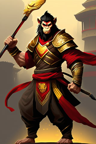 a man Agile and strong Mythical hero Monkey-like features Playful yet serious expression Humanoid figure Expressive facial features Mystical aura Iconic headband Tail  
Ancient city
Black armor
Red cloak
Fierce expression
Yellow metal staff
Indomitable will
Invincible aura
Lonely guardian
Warring States, Three Kingdoms style
Aerial view
Ferocious face
Sharp eyes
Fluttering armor and cloak
Golden glow
Ruined ancient city
Desolate atmosphere
Central figure
Dark sky
Dark, gray, brown tones
Red and gold highlights