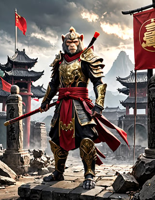  Sun Wukong, the Monkey King, clad in black armor and wielding his Ruyi Jingu Bang (Golden Cudgel), stands before the gate of an ancient city
Background he ancient city behind him is in ruins, with enemy
flags planted on the walls
Playful yet serious expression
Humanoid figure
Expressive facial features
Mystical aura
Iconic headband
Tail
Ancient city
Ultra-fine painting
Black armor
Red cloak
Fierce expression
Indomitable will
Invincible aura
Lonely guardian
Warring States, Three Kingdoms style
Aerial view
Ferocious face
Sharp eyes
Fluttering armor and cloak
Ruined ancient city
Desolate atmosphere
Central figure
Dark sky
Dark, gray, brown tones
3D Realistic Style
Highly detailed
4k, 8k, highres
Realistic, photorealistic, photo-realistic