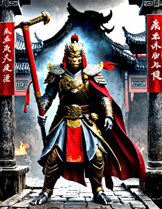  Sun Wukong, the Monkey King, clad in black armor and wielding his Ruyi Jingu Bang (Golden Cudgel), stands before the gate of an ancient city
Background he ancient city behind him is in ruins, with enemy
flags planted on the walls
Playful yet serious expression
Humanoid figure
Expressive facial features
Mystical aura
Iconic headband
Tail
Ancient city
Ultra-fine painting
Black armor
Red cloak
Fierce expression
Indomitable will
Invincible aura
Lonely guardian
Warring States, Three Kingdoms style
Aerial view
Ferocious face
Sharp eyes
Fluttering armor and cloak
Ruined ancient city
Desolate atmosphere
Central figure
Dark sky
Dark, gray, brown tones
3D Realistic Style
Highly detailed
4k, 8k, highres
Realistic, photorealistic, photo-realistic