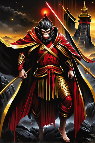 a man  Mythical hero Monkey-like features Playful yet serious expression Humanoid figure Expressive facial features Mystical aura Iconic headband Tail  
Ancient city Ultra-fine painting
Black armor
Red cloak
Fierce expression
Yellow metal staff
Indomitable will
Invincible aura
Lonely guardian
Warring States, Three Kingdoms style
Aerial view
Ferocious face
Sharp eyes
Fluttering armor and cloak
Ruined ancient city
Desolate atmosphere
Central figure
Dark sky
Dark, gray, brown tones Red and gold highlights


3D Realistic Style Highly detailed 4k, 8k, highres: 4K, 8K
Realistic, photorealistic, photo-realistic, in the style of esao andrews,DonM3lv3nM4g1cXL,LegendDarkFantasy