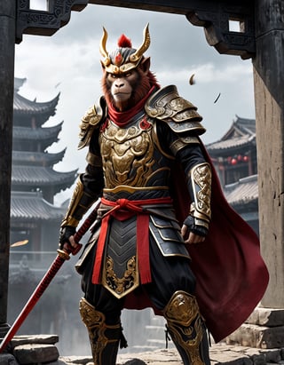  Sun Wukong, the Monkey King, clad in black armor and wielding his Ruyi Jingu Bang (Golden Cudgel), stands before the gate of an ancient city
Background he ancient city behind him is in ruins, with enemy
flags planted on the walls
Playful yet serious expression
Humanoid figure
Expressive facial features
Mystical aura
Iconic headband
Tail
Ancient city
Ultra-fine painting
Black armor
Red cloak
Fierce expression
Indomitable will
Invincible aura
Lonely guardian
Warring States, Three Kingdoms style
Aerial view
Ferocious face
Sharp eyes
Fluttering armor and cloak
Ruined ancient city
Desolate atmosphere
Central figure
Dark sky
Dark, gray, brown tones
3D Realistic Style
Highly detailed
4k, 8k, highres
Realistic, photorealistic, photo-realistic