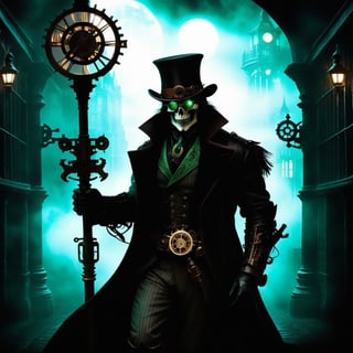 Imagine the Grim Reaper transformed into a Steampunk icon. He dons a dark, leather trench coat adorned with brass gears and intricate clockwork designs. His eyes glint from behind a pair of vintage, round goggles, their lenses tinted a haunting shade of green. On his head rests a tall, brown top hat decorated with feathers and small mechanical contraptions that whir softly. He wields a staff, its handle fashioned from polished wood, topped with a raven skull encased in a brass frame. A complex array of gears and pipes snake around his skeletal frame, hissing steam and glowing faintly in the dim, gas-lit ambiance. The backdrop is a misty, cobblestone alleyway, lined with old brick buildings and cast-iron lampposts. Ravens, mechanical and real, perch on the ledges, their eyes glimmering with an eerie intelligence. The entire scene is bathed in a sepia tone, evoking a sense of both ancient mystery and futuristic wonder.,LegendDarkFantasy