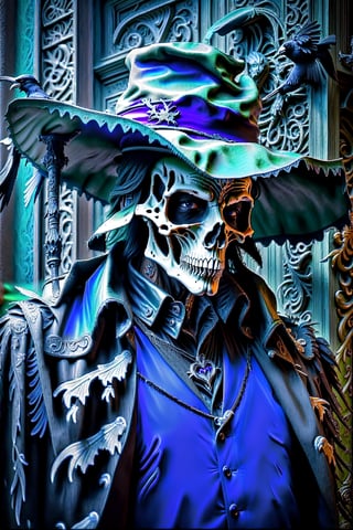 Grim Reaper as a pimp form 1970’s wearing a zoot suit style outfit, Black and Green outfit, Dynamic Pose, simple-background, HD resolution, Insane detail, hyper realism, Dramatic lighting, Grim Reaper Inspired, holding a raven skull head Cain, wearing a black Feathery pimp hat, Ravens incorporated, Ravens within the art photo,