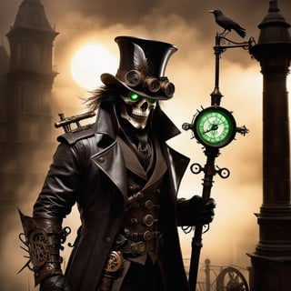 Imagine the Grim Reaper transformed into a Steampunk icon. He dons a dark, leather trench coat adorned with brass gears and intricate clockwork designs. His eyes glint from behind a pair of vintage, round goggles, their lenses tinted a haunting shade of green. On his head rests a tall, brown top hat decorated with feathers and small mechanical contraptions that whir softly. He wields a staff, its handle fashioned from polished wood, topped with a raven skull encased in a brass frame. A complex array of gears and pipes snake around his skeletal frame, hissing steam and glowing faintly in the dim, gas-lit ambiance. The backdrop is a misty, cobblestone alleyway, lined with old brick buildings and cast-iron lampposts. Ravens, mechanical and real, perch on the ledges, their eyes glimmering with an eerie intelligence. The entire scene is bathed in a sepia tone, evoking a sense of both ancient mystery and futuristic wonder.,LegendDarkFantasy