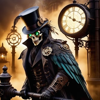 Imagine the Grim Reaper transformed into a Steampunk icon. He dons a dark, leather trench coat adorned with brass gears and intricate clockwork designs. His eyes glint from behind a pair of vintage, round goggles, their lenses tinted a haunting shade of green. On his head rests a tall, brown top hat decorated with feathers and small mechanical contraptions that whir softly. He wields a staff, its handle fashioned from polished wood, topped with a raven skull encased in a brass frame. A complex array of gears and pipes snake around his skeletal frame, hissing steam and glowing faintly in the dim, gas-lit ambiance. The backdrop is a misty, cobblestone alleyway, lined with old brick buildings and cast-iron lampposts. Ravens, mechanical and real, perch on the ledges, their eyes glimmering with an eerie intelligence. The entire scene is bathed in a sepia tone, evoking a sense of both ancient mystery and futuristic wonder.,LegendDarkFantasy