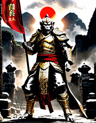  Sun Wukong, the Monkey King, clad in black armor and wielding his Ruyi Jingu Bang (Golden Cudgel), stands before the gate of an ancient city
Background he ancient city behind him is in ruins, with enemy
flags planted on the walls
Playful yet serious expression
Humanoid figure
Expressive facial features
Mystical aura
Iconic headband
Tail
Ancient city
Ultra-fine painting
Black armor
Red cloak
Fierce expression
Indomitable will
Invincible aura
Lonely guardian
Warring States, Three Kingdoms style
Aerial view
Ferocious face
Sharp eyes
Fluttering armor and cloak
Ruined ancient city
Desolate atmosphere
Central figure
Dark sky
Dark, gray, brown tones
3D Realistic Style
Highly detailed
4k, 8k, highres
Realistic, photorealistic, photo-realistic