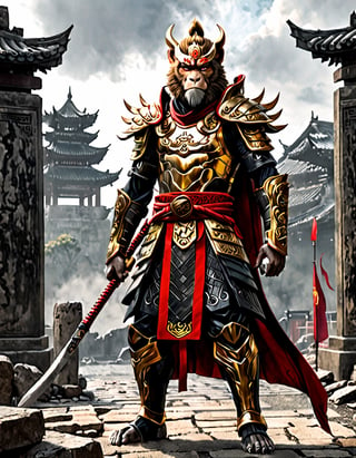  Sun Wukong, the Monkey King, clad in black armor and wielding his Ruyi Jingu Bang (Golden Cudgel), stands before the gate of an ancient city
Background he ancient city behind him is in ruins, with enemy
flags planted on the walls
Playful yet serious expression
Humanoid figure
Expressive facial features
Mystical aura
Iconic headband
Tail
Ancient city
Ultra-fine painting
Black armor
Red cloak
Fierce expression
Indomitable will
Invincible aura
Lonely guardian
Warring States, Three Kingdoms style
Aerial view
Ferocious face
Sharp eyes
Fluttering armor and cloak
Ruined ancient city
Desolate atmosphere
Central figure
Dark sky
Dark, gray, brown tones
3D Realistic Style
Highly detailed
4k, 8k, highres
Realistic, photorealistic, photo-realistic