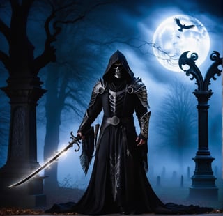 Imagine the Grim Reaper cloaked in Gothic elegance, embodying a sense of dark romance and haunting beauty. He wears a long, flowing black robe adorned with intricate lace and silver embroidery, the fabric shimmering faintly in the moonlight. His skeletal frame is partially obscured by the cascading layers of the robe, which trails behind him as he moves with a ghostly grace. His hood is deep and shadowy, concealing his face except for the glint of his hollow, piercing eyes.

In one hand, he carries an ornate scythe with a handle wrought from dark, polished wood, its blade etched with ancient runes and glinting with an otherworldly sheen. His other hand is adorned with delicate, silver rings and claw-like nails, each movement exuding an eerie elegance. The background is a desolate, moonlit graveyard, filled with weathered tombstones and twisted, gnarled trees. A misty fog swirls around his feet, adding to the chilling atmosphere.

Perched on his shoulders and hovering nearby are ravens, their black feathers blending seamlessly with the night. Their eyes glow with a mysterious light, reflecting the Grim Reaper’s eternal knowledge. The entire scene is bathed in a pale, silvery light, creating stark contrasts and deep shadows that enhance the Gothic ambiance. The Grim Reaper stands as a timeless sentinel, a figure of both dread and melancholy beauty, embodying the essence of the Gothic style.,DonMB4nsh33XL ,samurai