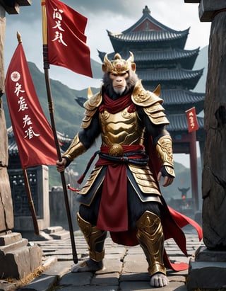  Sun Wukong, the Monkey King, clad in black armor and wielding his Ruyi Jingu Bang (Golden Cudgel), stands before the gate of an ancient city
Background he ancient city behind him is in ruins, with enemy
flags planted on the walls
Playful yet serious expression
Humanoid figure
Expressive facial features
Mystical aura
Iconic headband
Tail
Ancient city
Ultra-fine painting
Black armor
Red cloak
Fierce expression
Indomitable will
Invincible aura
Lonely guardian
Warring States, Three Kingdoms style
Aerial view
Ferocious face
Sharp eyes
Fluttering armor and cloak
Ruined ancient city
Desolate atmosphere
Central figure
Dark sky
Dark, gray, brown tones
3D Realistic Style
Highly detailed
4k, 8k, highres
Realistic, photorealistic, photo-realistic