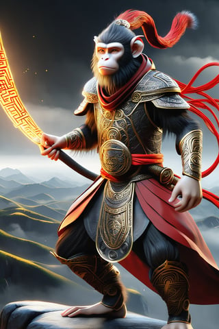 a man  Mythical hero Monkey-like features Playful yet serious expression Humanoid figure Expressive facial features Mystical aura Iconic headband Tail  
Ancient city Ultra-fine painting
Black armor
Red cloak
Fierce expression
Yellow metal staff
Indomitable will
Invincible aura
Lonely guardian
Warring States, Three Kingdoms style
Aerial view
Ferocious face
Sharp eyes
Fluttering armor and cloak
Ruined ancient city
Desolate atmosphere
Central figure
Dark sky
Dark, gray, brown tones


3D Realistic Style Highly detailed 4k, 8k, highres: 4K, 8K
Realistic, photorealistic, photo-realistic, in the style of esao andrews,DonM3lv3nM4g1cXL