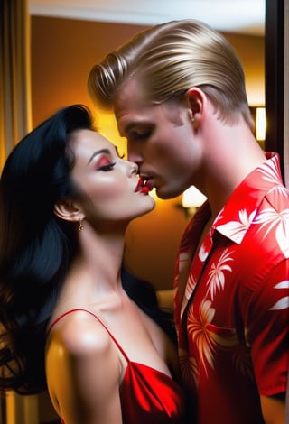 a blond haired man named Glen in a hawaiian shirt is kissing a  femme fatale woman with black hair in a red dress named June. in a hotel room.