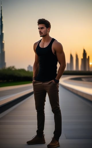 1boy, 24 yo boy, Full body Image, Handsome face, model look, light brown colored hairs, short hairs, hunter eyes, light pale brown color eyes, sharp_nose, sharp_teeth, visible jawline, athletic body, wearing black T shirt, black cargo pant, brown shoes.
Standing in dynamic pose,
road side walk through from the front of burj al-khalifa in Dubai,1guy,photo r3al,Enhanced All