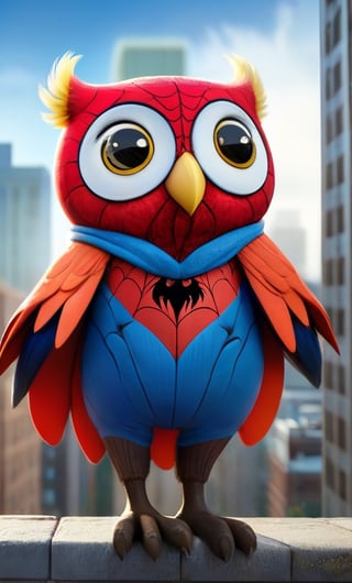 fluffy Big fat owl, wearing  spider man suit, extreme detailed, cute and innocent face, cityscape, flying between buildings, pixar style
