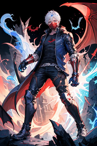 an accurate and detailed full-body shot of a male superhero character named Redon, 1male, (Red mask covering mouth:1.3), Tousled silver-white punk-rock hair, (Blue Eyes:1.2), (Stylish blue leather jacket with tactical elements), silver zippers and buckles, (Black undershirt:1.5), (right arm has a Metallic-blue cyberized gauntlet:1.4), (bare left arm:1.2),  (red arcane Bat symbol on chest:1.5), distressed leather moto pants, armored greaves, Knee guards, black combat boots, best quality, masterpiece, 4K, nero, rhdc, a man, gray skintight suit, gloves, belt, boots, red helmet, brown leather jacket, (masterpiece