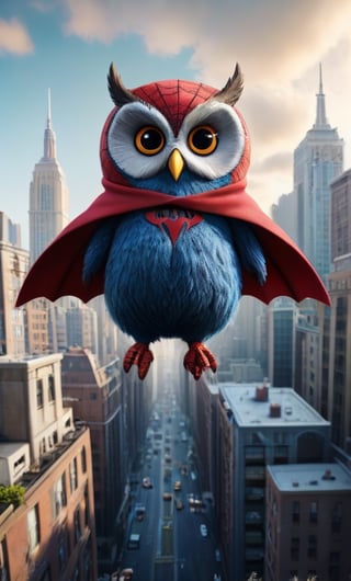 fluffy Big fat owl, wearing  spider man suit, extreme detailed, cute and innocent face, cityscape, flying between buildings, pixar style
