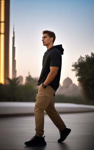 1boy, 24 yo boy, Full body Image, Handsome face, model look, light brown colored hairs, short hairs, hunter eyes, light pale brown color eyes, sharp_nose, sharp_teeth, visible jawline, athletic body, wearing black T shirt, black cargo pant, brown shoes.
Standing in dynamic pose,
road side walk through from the front of burj al-khalifa in Dubai,1guy,photo r3al,Enhanced All