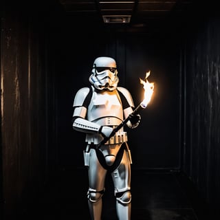 A chilling horror portrait of a stormtrooper in a (black room:1.2), eerily illuminated by a (torch light:1.3), haunting shadows, piercing gaze, tense atmosphere, sinister ambiance, Nikon Z6 II, 1/80s, f/3.5, ISO 1600, sharp contrasts, flickering light effects, fear-inducing expression, detailed texture of fear, high tension, psychological depth, gripping narrative, stark minimalism, immersive mood, captivating horror aesthetics.