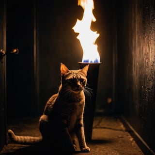 A chilling horror portrait of a cat in a (black room:1.2), eerily illuminated by a (torch light:1.3), haunting shadows, piercing gaze, tense atmosphere, sinister ambiance, Nikon Z6 II, 1/80s, f/3.5, ISO 1600, sharp contrasts, flickering light effects, fear-inducing expression, detailed texture of fear, high tension, psychological depth, gripping narrative, stark minimalism, immersive mood, captivating horror aesthetics.