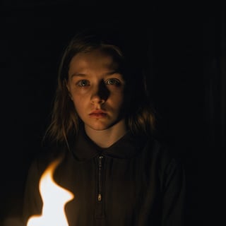 A chilling horror portrait of a girl in a (black room:1.2), eerily illuminated by a (torch light:1.3), haunting shadows, piercing gaze, tense atmosphere, sinister ambiance, Nikon Z6 II, 1/80s, f/3.5, ISO 1600, sharp contrasts, flickering light effects, fear-inducing expression, detailed texture of fear, high tension, psychological depth, gripping narrative, stark minimalism, immersive mood, captivating horror aesthetics.