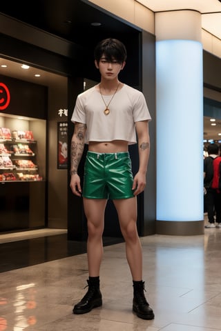 Medium full body shot ,masterpiece, best illustration, detailed 8K,male focus,hair between eyes, masterpiece, (best quality:1.3),best illustration,extremely detailed 8K wallpaper, 1boy, anime, Japanese idol , man, crop top, bad boy, slime, at the mall,, sexy pose