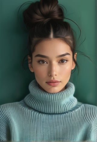 1girl, solo, looking at viewer, green eyes, black hair, black hair, closed mouth, hair bun, sweater, lips, turtleneck, portrait,, realistic, black sweater,ENHANCE,photorealistic,4k