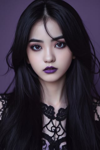 (((masterpiece))) anime style, cartoon, comic, anime comic, medium dark colors, soft tones, lighting details, generates an image of a 20-year-old a single gothic girl, black painted lips, pastel purple eyes, long black hair dark pastel purple background, the girls hair reaches her eyebrows, defined eyebrows