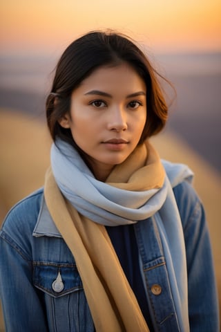 A portrait against the backdrop of dusk, the subject's face is alight with a soft, contemplative gaze. A gentle smile plays at the corners of the lips, a silent testament to inner peace. They are clad in a timeless denim jacket, a scarf loosely draped, signaling a casual grace. The sunlight angles in from the side, casting a golden hue that outlines their profile in a delicate silhouette. Behind them, the scene blurs into an impressionist painting of urban life, with the muted colors of the cityscape hinting at the tranquil end of a day, the weather cool and forgiving.