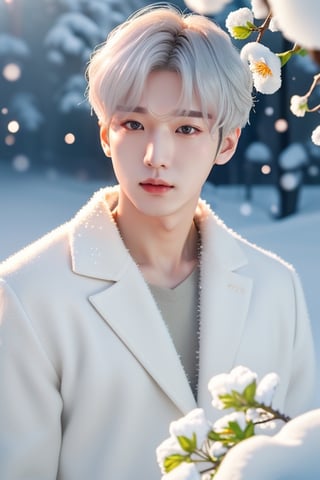 Suga, Min Yoongi, platinum hair, BTS member, Korean man, perfect seductive, ultra realistic, cinematic light, film composition, highly detailed, cinematic effects, white flower garden background, cold atmosphere, snow, photorealistic