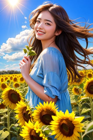 Very beautiful woman, sunflower field, windy, blue long hair flowing with air, holding sunflower, sunny day, giggle, happiness, cloud sky, nature, 8k