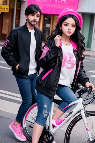 Lovely cute young attractive indian girl, 35 years old, cute long black_hair, black hair, They are wearing a pink , patterned Jen's jacket and black jeans, varsity jacket , white shoes. Riding bike
