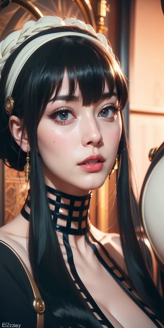 Perfect face, perfect body, blue eyes, glamorous, gorgeous, delicate, romantic, Elizabethan woman, steampunk gothic romanticism, Harrison Fisher dark twist style, anime, zoomed in, short hair with long locks, (thick eyeliner), (eye shadow),(red lips), blush