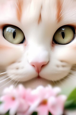 (RAW photo, best quality), (realistic, photo-Realistic:1.1), best quality, masterpiece, beautiful and aesthetic, 16K, (HDR:1.2), high resolution,, looking at viewer, blush, simple background, white background, flower, blurry, no humans, animal, traditional media, cat, realistic, animal focus, whiskers