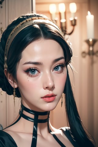 Perfect face, perfect body, blue eyes, glamorous, gorgeous, delicate, romantic, Elizabethan woman, steampunk gothic romanticism, Harrison Fisher dark twist style, anime, zoomed in, short hair with long locks, (thick eyeliner), (eye shadow),(red lips), blush