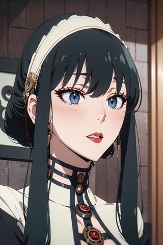 Perfect face, perfect body, blue eyes, glamorous, gorgeous, delicate, romantic, Elizabethan woman, steampunk gothic romanticism, Harrison Fisher dark twist style, anime, zoomed in, short hair with long locks, (thick eyeliner), (eye shadow),(red lips), blush