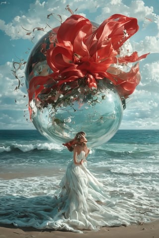 Surrealist watercolor painting. Pristine beach with soft, sandy shores and gentle waves. Enormous glass sphere, perfectly transparent, resting on sand. Oversized red ribbon wrapped around the sphere, flowing and billowing in imaginary wind. Distorted reflections in glass, merging sky and sea. Dreamy, muted palette for beach, vivid red for ribbon. Subtle watercolor textures, wet-on-wet technique. Magritte-esque juxtaposition of reality and fantasy. Thought-provoking, whimsical scene