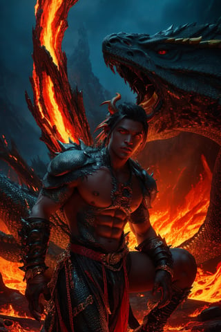 masterpiece, 16k Fantasy art style I want a dragon woman with dragon scales and yellow eyes and with a pupil like a dragon, his skin has scales, a penetrating, natural and powerful gaze. that this is the apocalyptic landscape with fire or lava,More Detail y don't want any dragon in the back ,DRG,apocalypse