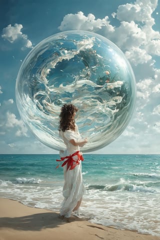 Surrealist watercolor painting. Pristine beach with soft, sandy shores and gentle waves. Enormous glass sphere, perfectly transparent, resting on sand. Oversized red ribbon wrapped around the sphere, flowing and billowing in imaginary wind. Distorted reflections in glass, merging sky and sea. Dreamy, muted palette for beach, vivid red for ribbon. Subtle watercolor textures, wet-on-wet technique. Magritte-esque juxtaposition of reality and fantasy. Thought-provoking, whimsical scene