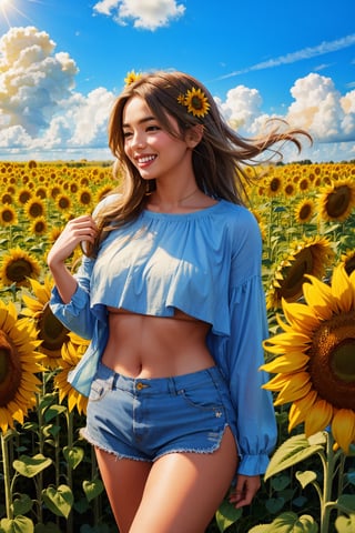 Very beautiful woman, sunflower field, windy, blue long hair flowing with air, holding sunflower, sunny day, giggle, happiness, cloud sky, nature, 8k, midriff