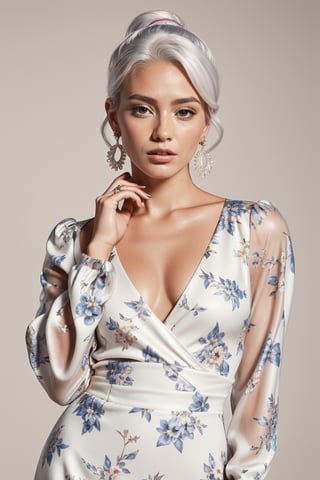 Generate hyper realistic image of a woman in a short dress with a floral print, her long sleeves adding a touch of elegance as she stands in a cowboy shot pose. Her white hair is styled in a chic ponytail, drawing attention to her striking profile and luscious lips, while dangling earrings catch the light.