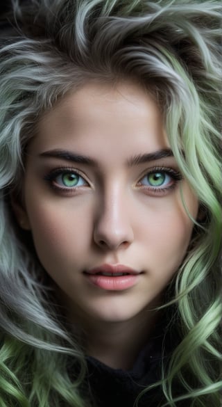 masterpiece, highly detailed image of a  girl with light gray eyes, Light green long frizzy hair, punk hairstyle, sweet and shy expression, little smile, cozy lighting, very dark background,  portrait, unusual composition, use of negative space, spectral, close-up, detailed eyes, detailed mouth,LegendDarkFantasy